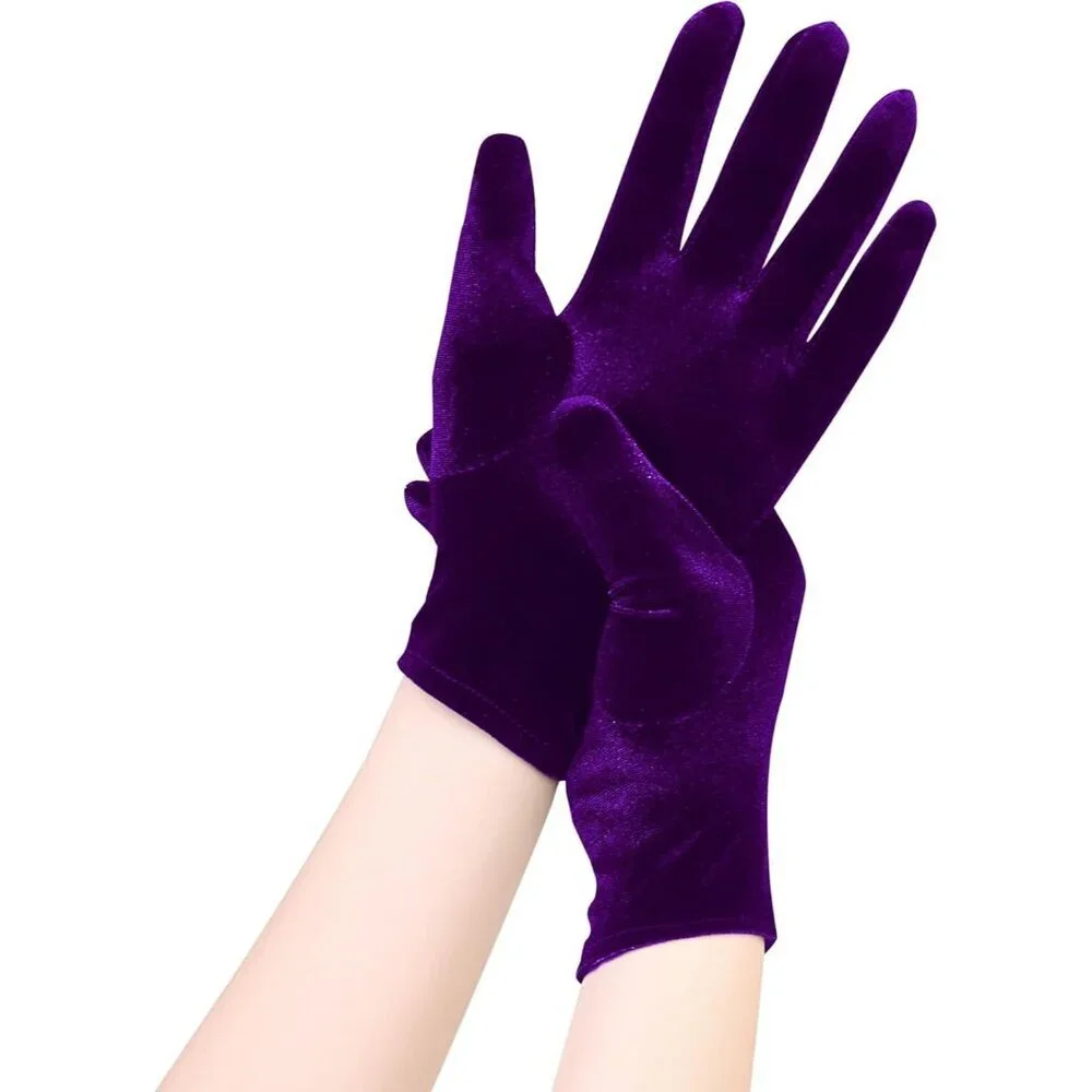 Women's Dark Purple Velvet Short Satin Gloves Style Wrist Flapper Banquet